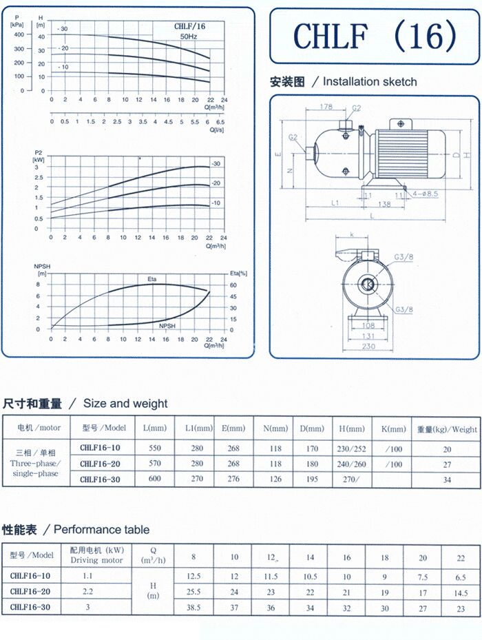 CHLF輕型立式不銹鋼多級離心泵安裝圖、尺寸、性能